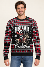 Male model wearing the Sorry Santa sweater