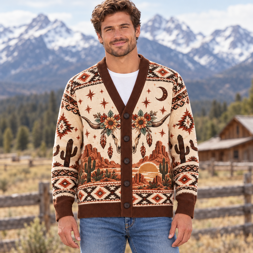 Male model wearing the Southwestern cardigan