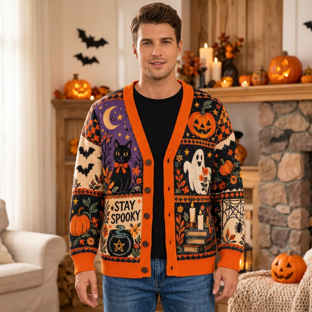 Male model wearing the Stay Spooky cardigan