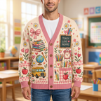 Male model wearing the teacher cardigan