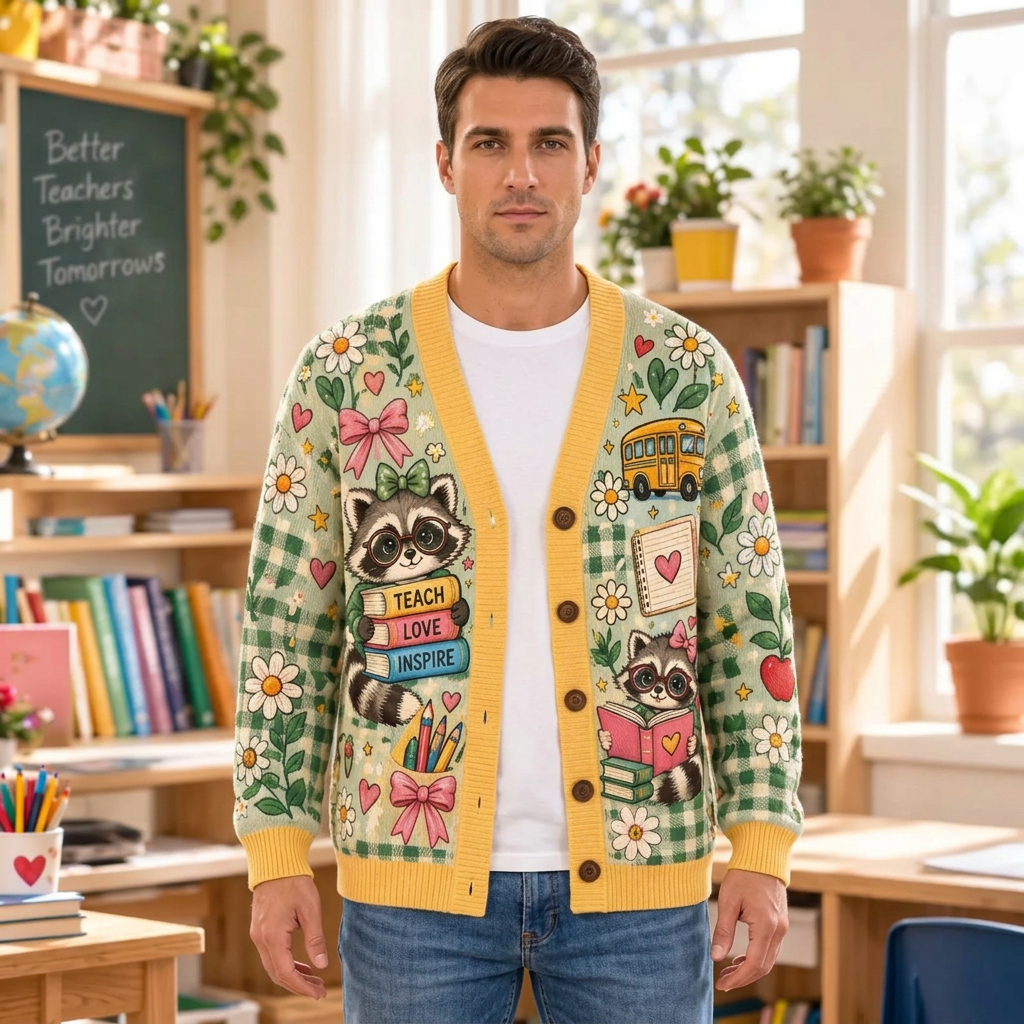 Male model wearing the teacher raccoon cardigan