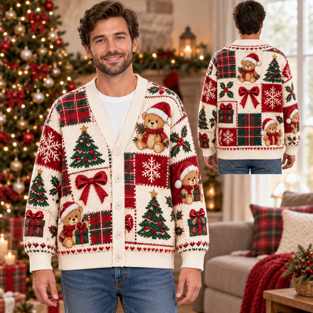 Male model wearing the teddy-bear Christmas cardigan