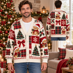 Male model wearing the teddy-bear Christmas cardigan