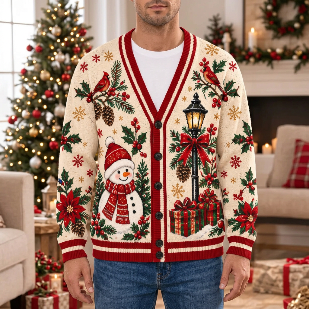 Male model wearing the Tis The Season cardigan