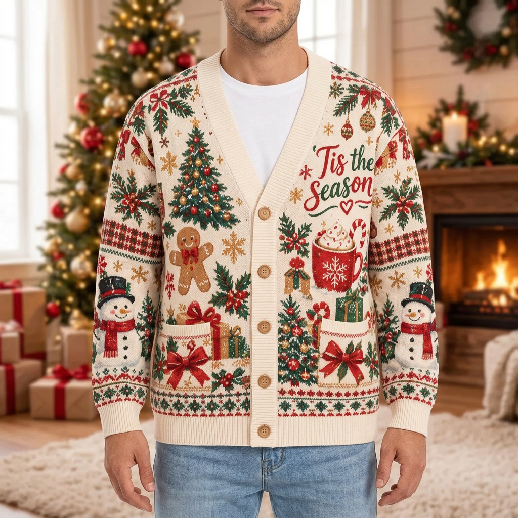 Male model wearing the Tis the Season Christmas cardigan