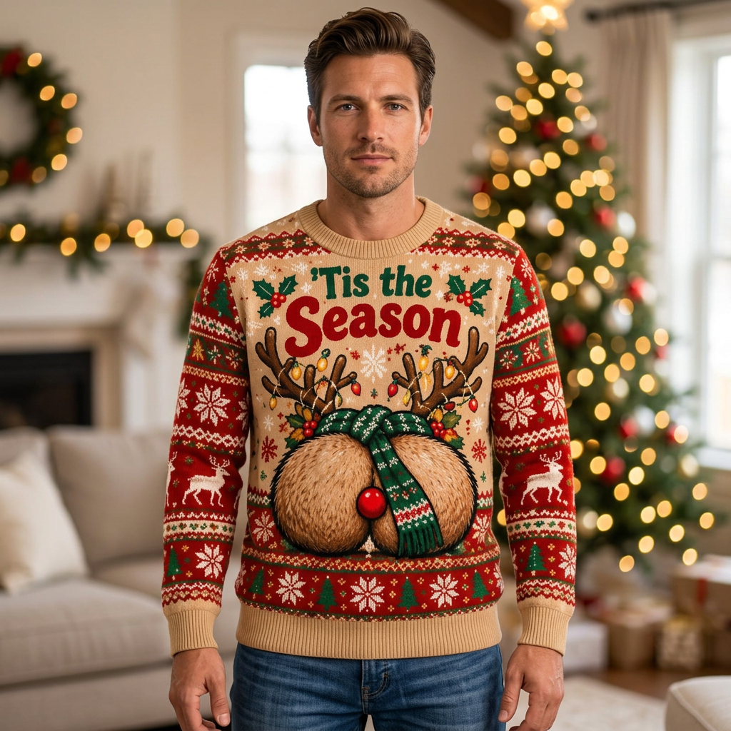 Male model wearing the ’Tis the Season Christmas sweater