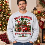 Male model wearing the Tree Trimming Crew sweatshirt