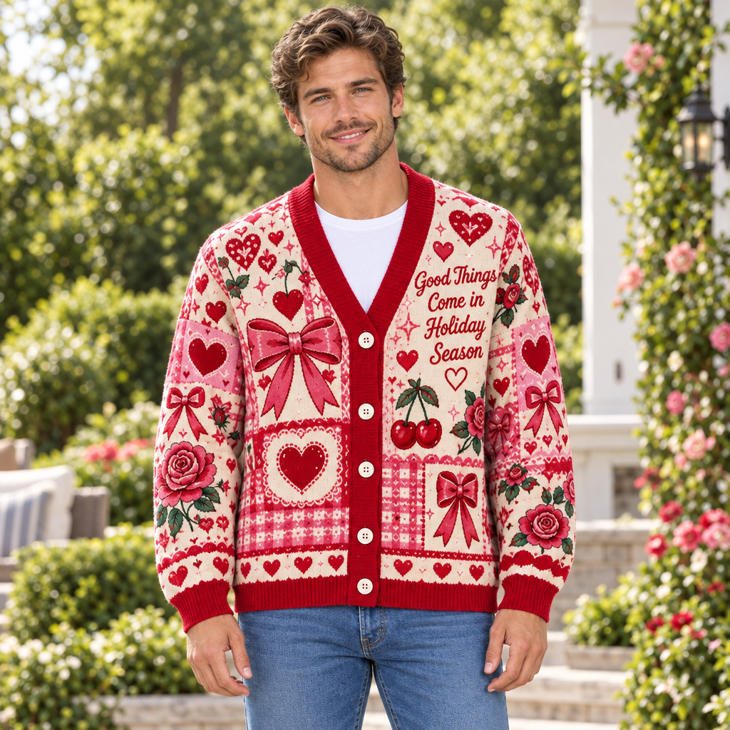 Male model wearing the Valentine bow-and-cherry cardigan