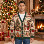 Male model wearing the Vintage Christmas Santa cardigan