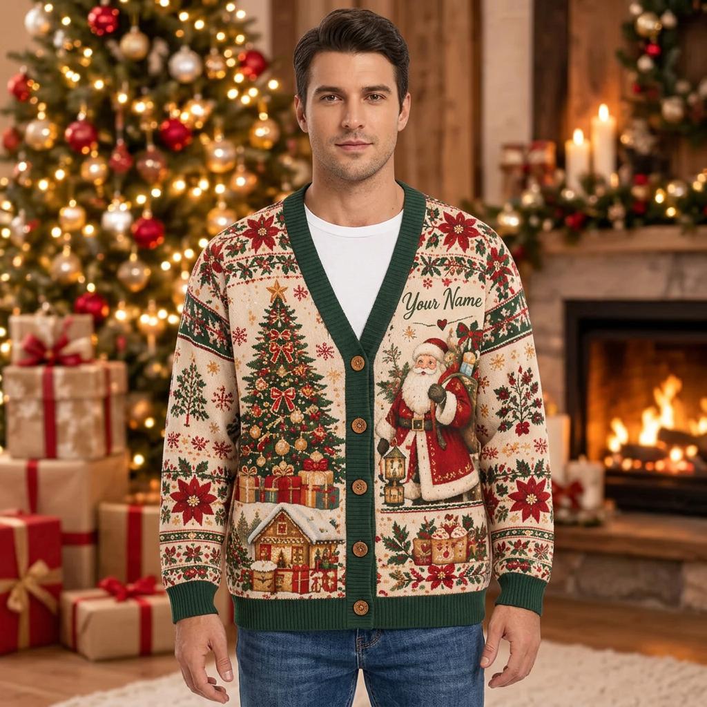 Male model wearing the Vintage Christmas Santa cardigan