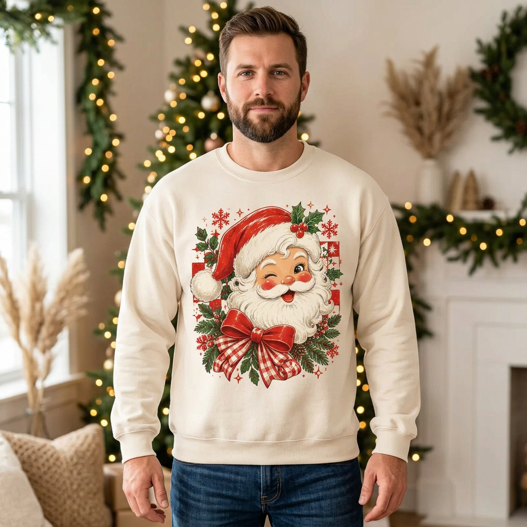 Male model wearing the vintage Santa sweatshirt