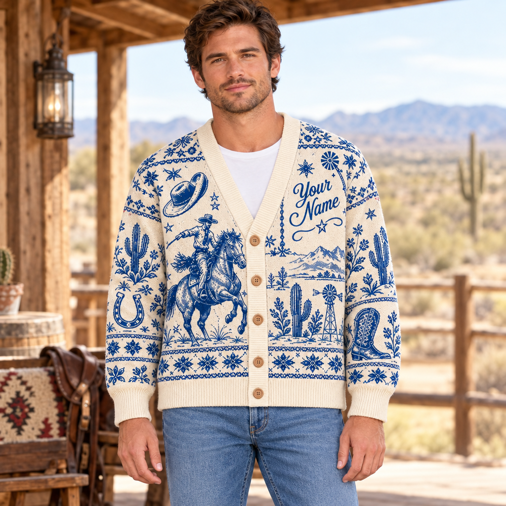 Male model wearing the western cardigan