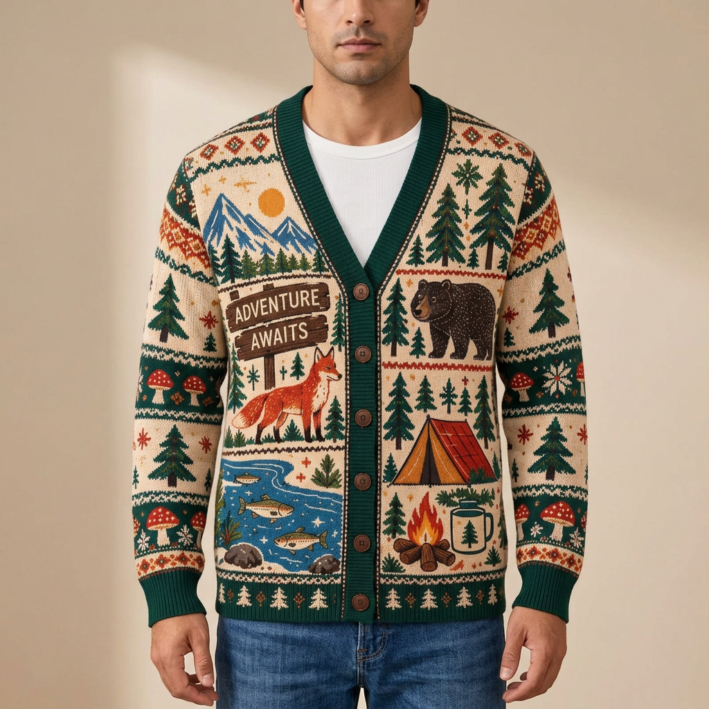 Male model wearing the wilderness camping cardigan