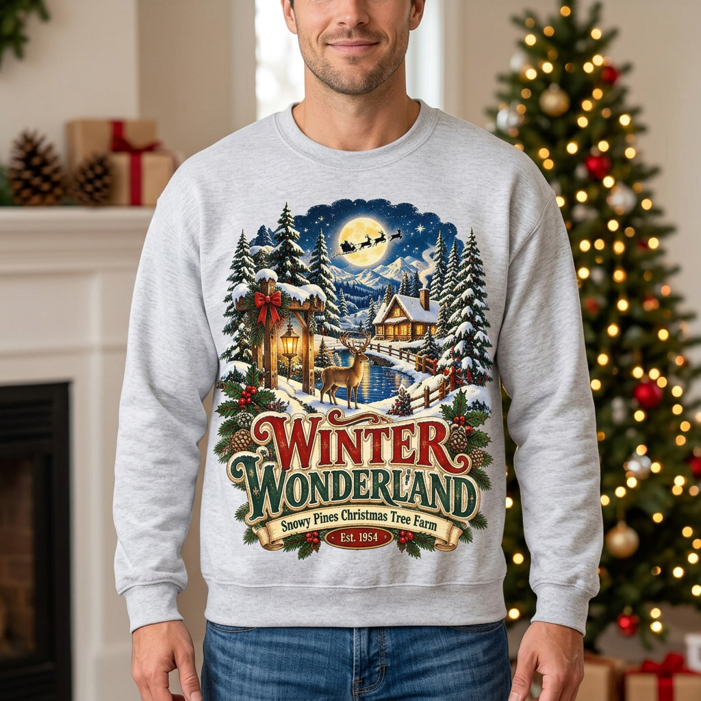 Male model wearing the Winter Wonderland sweatshirt
