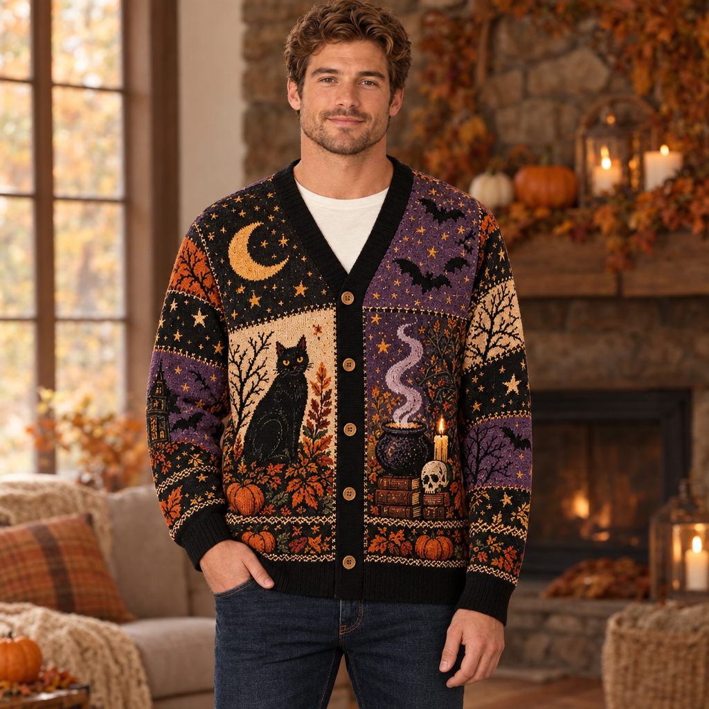 Male model wearing the Witchy Autumn cardigan
