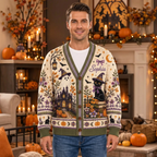 Male model wearing the witchy cat and ghost cardigan