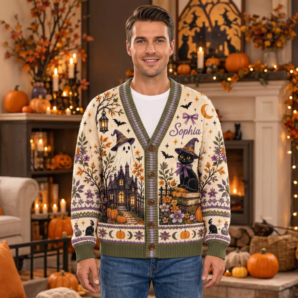 Male model wearing the witchy cat and ghost cardigan