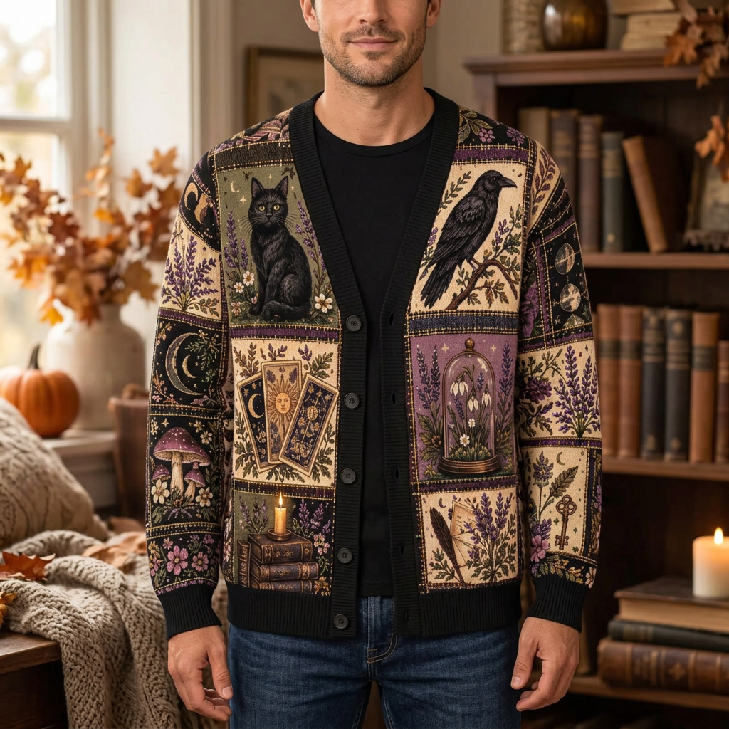 Male model wearing the witchy celestial cardigan