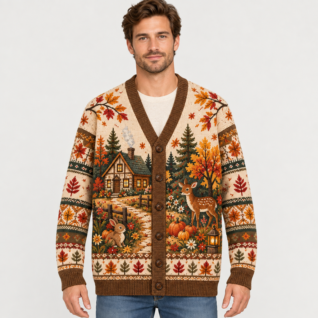 Male model wearing the woodland cardigan