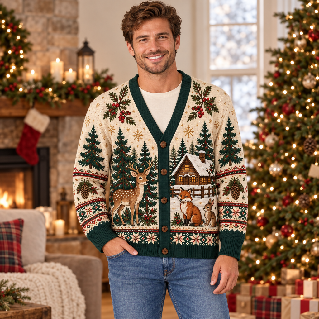 Male model wearing the woodland Christmas cardigan