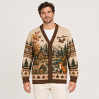 Male model wearing the woodland deer-and-fox cardigan