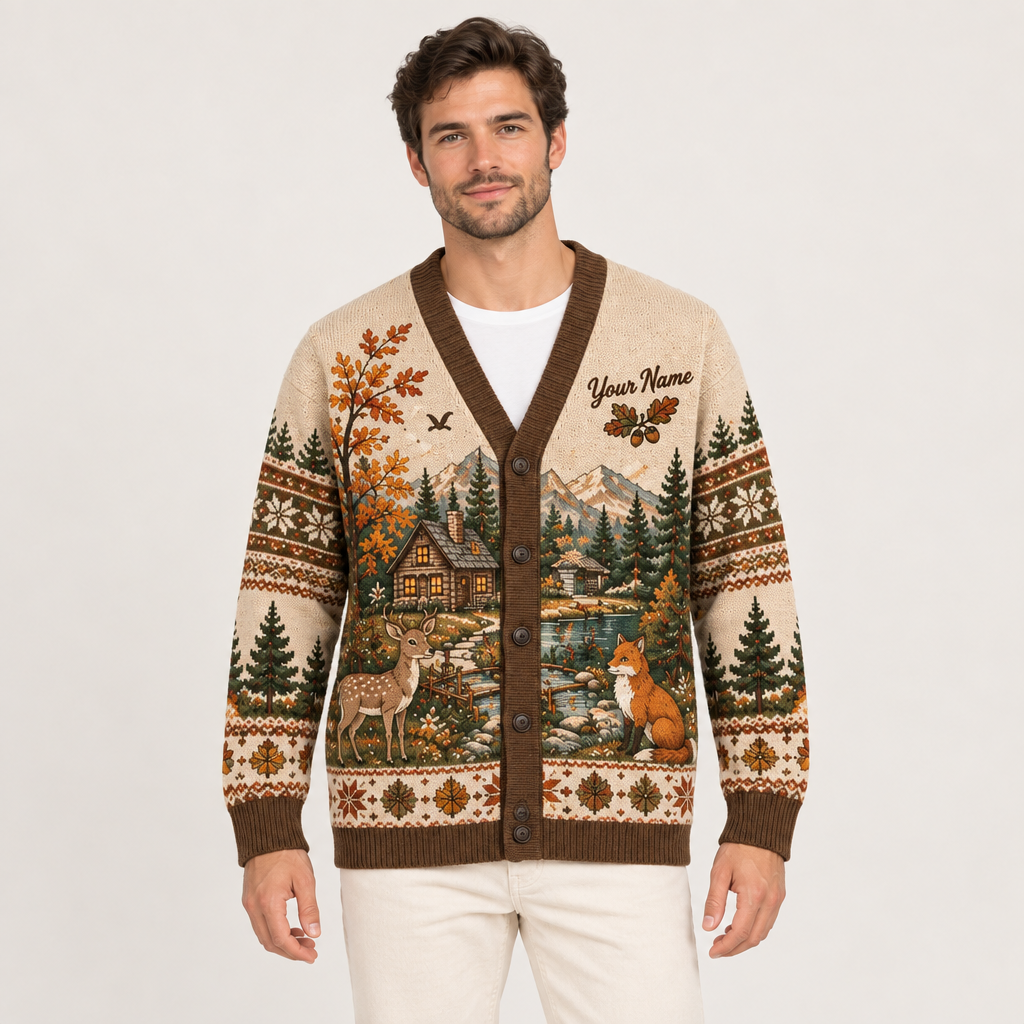 Male model wearing the woodland deer-and-fox cardigan