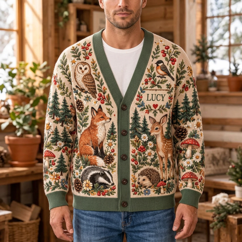 Male model wearing the woodland wildlife cardigan