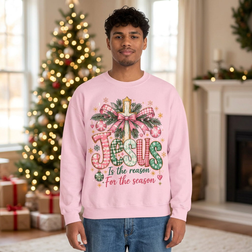 Male pink Jesus Christmas sweatshirt mockup