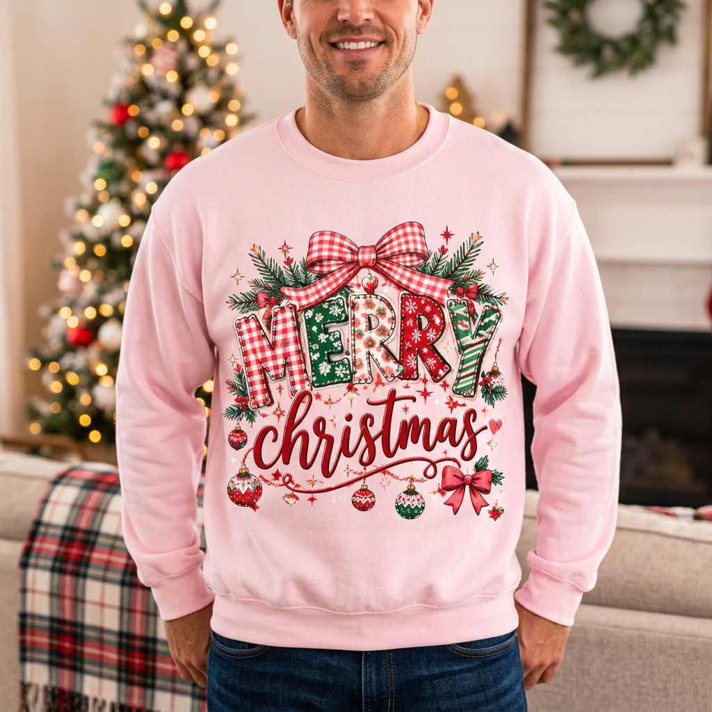 Male pink Merry Christmas sweatshirt mockup