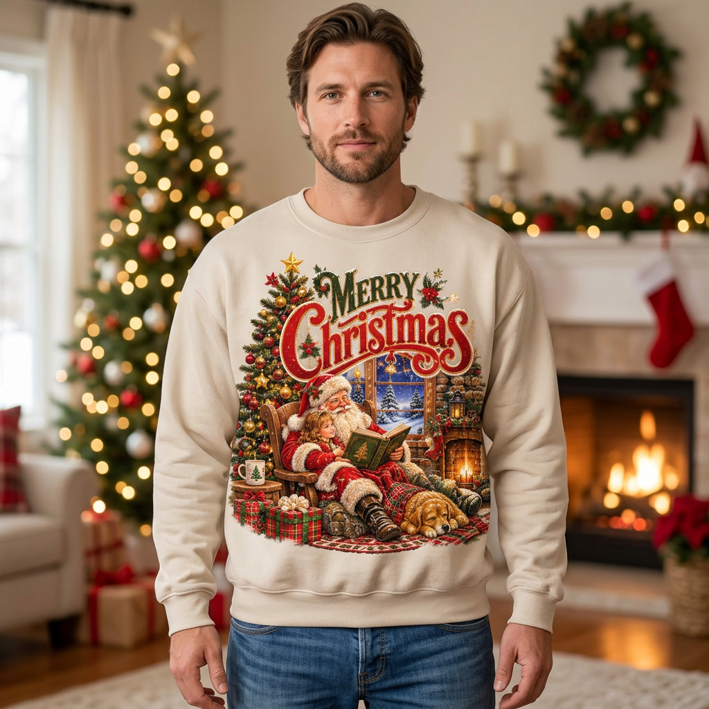 Male Santa reading Christmas sweatshirt mockup