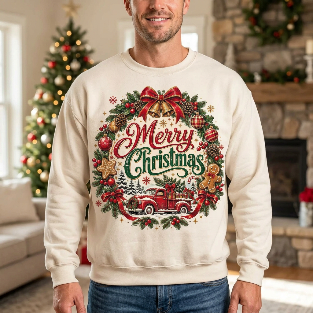 Male US-market Merry Christmas sweatshirt mockup