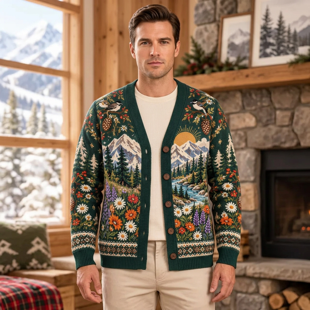 Male US model wearing the alpine landscape cardigan