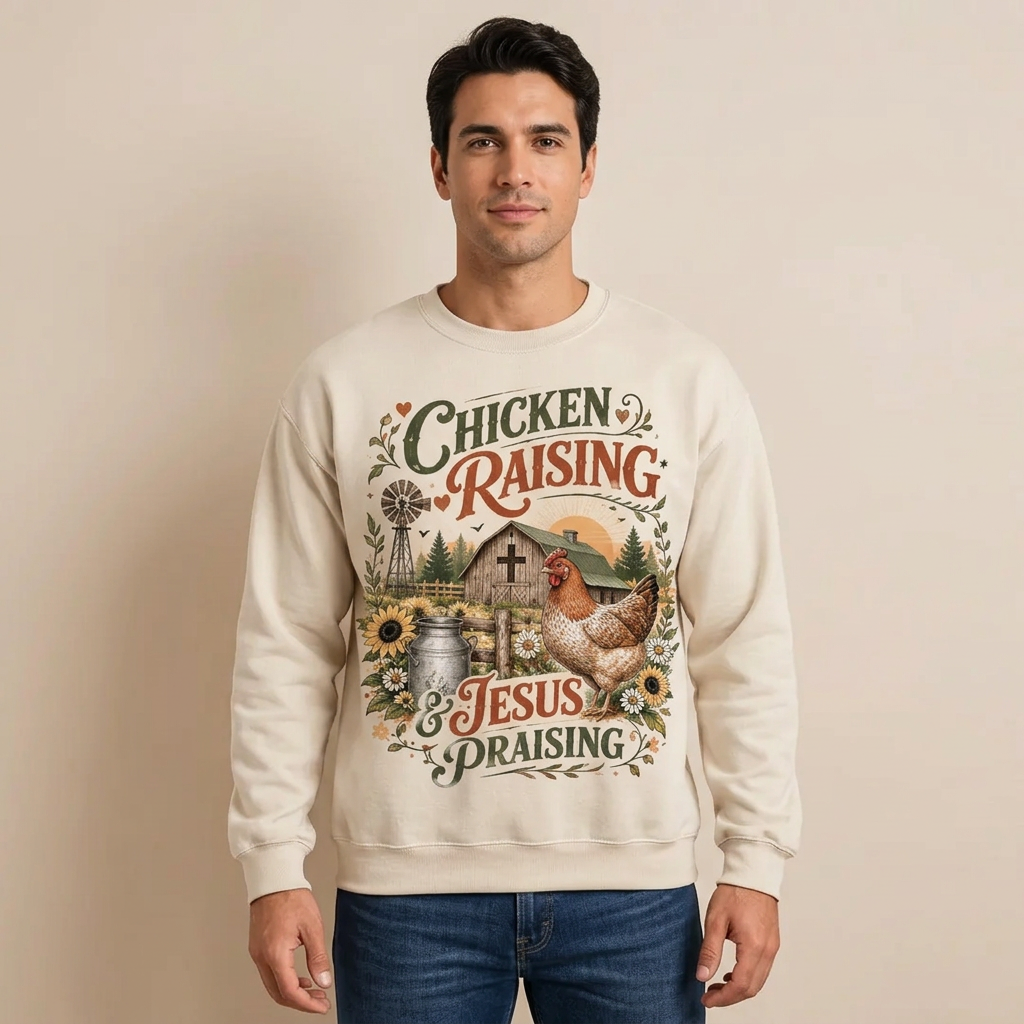 Male US model wearing the Chicken Raising and Jesus Praising sweatshirt