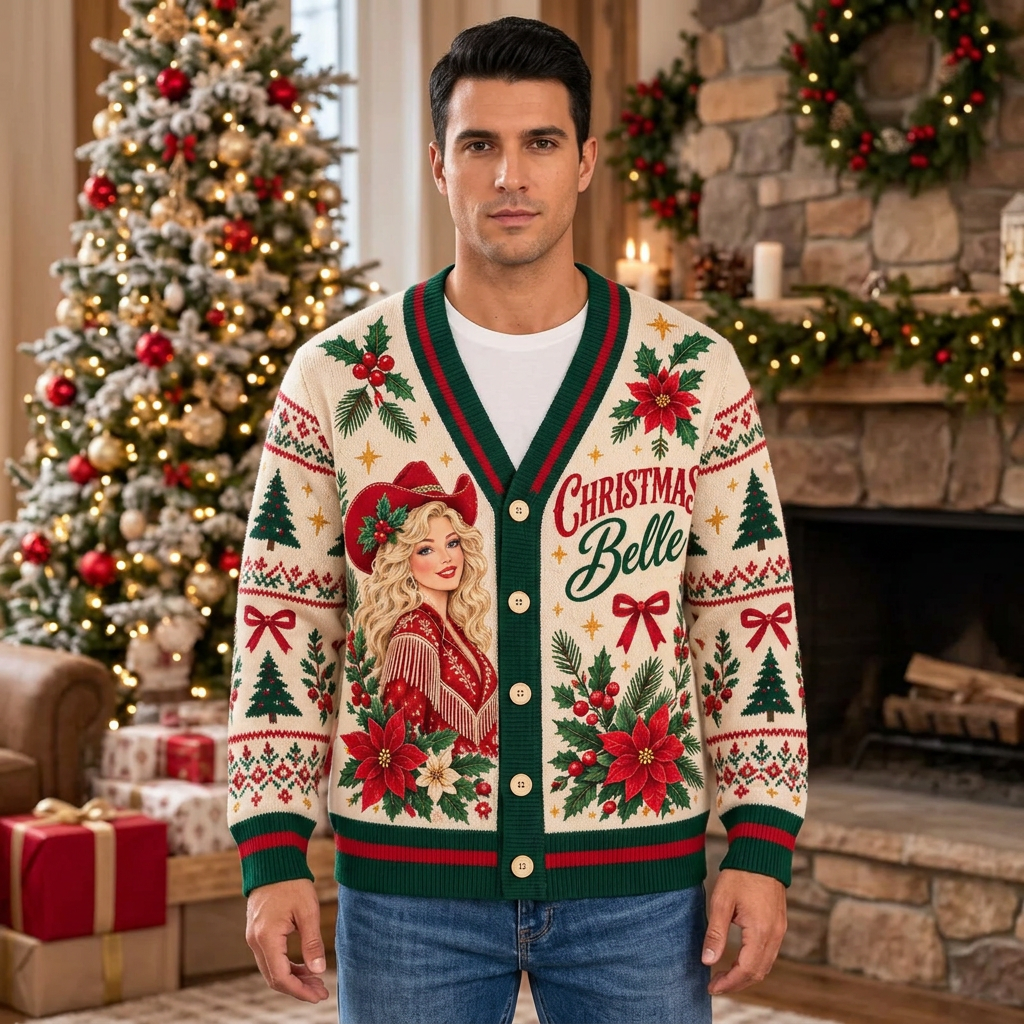 Male US model wearing the Christmas Belle cardigan