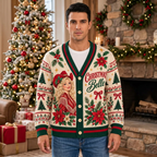 Male US model wearing the Christmas Belle cardigan