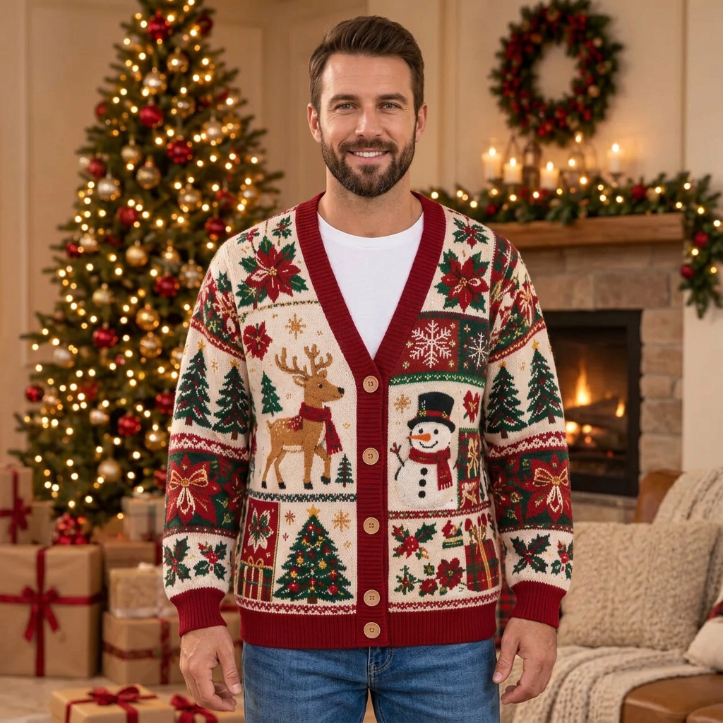 Male US model wearing the Christmas cardigan