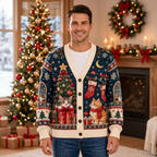 Male US model wearing the Christmas cat cardigan