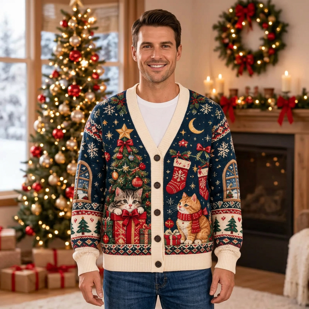 Male US model wearing the Christmas cat cardigan