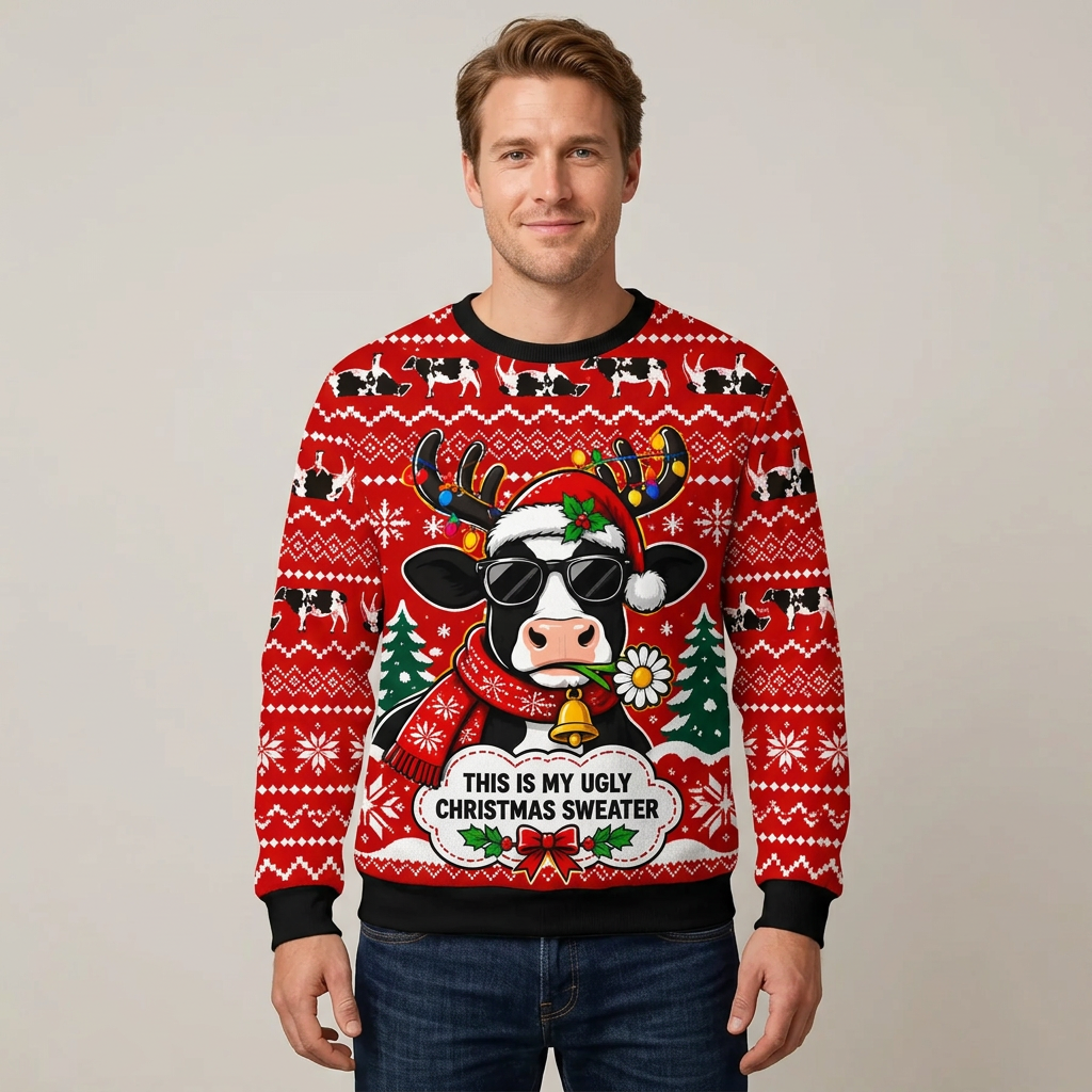 Male US model wearing the Christmas cow sweatshirt