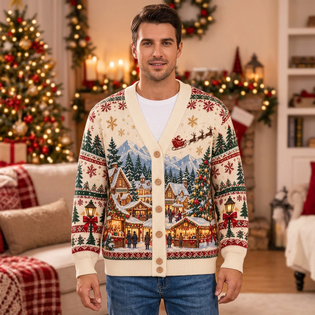 Male US model wearing the Christmas village cardigan