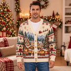 Male US model wearing the Christmas village cardigan