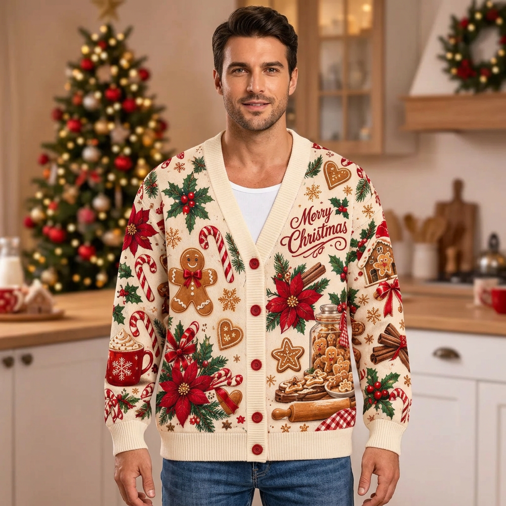 Male US model wearing the gingerbread Christmas cardigan
