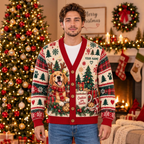 Male US model wearing the golden retriever Christmas cardigan