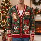 Male US model wearing the green Christmas cat cardigan