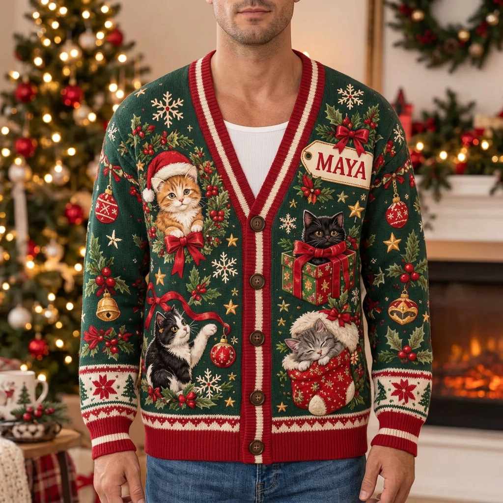 Male US model wearing the green Christmas cat cardigan