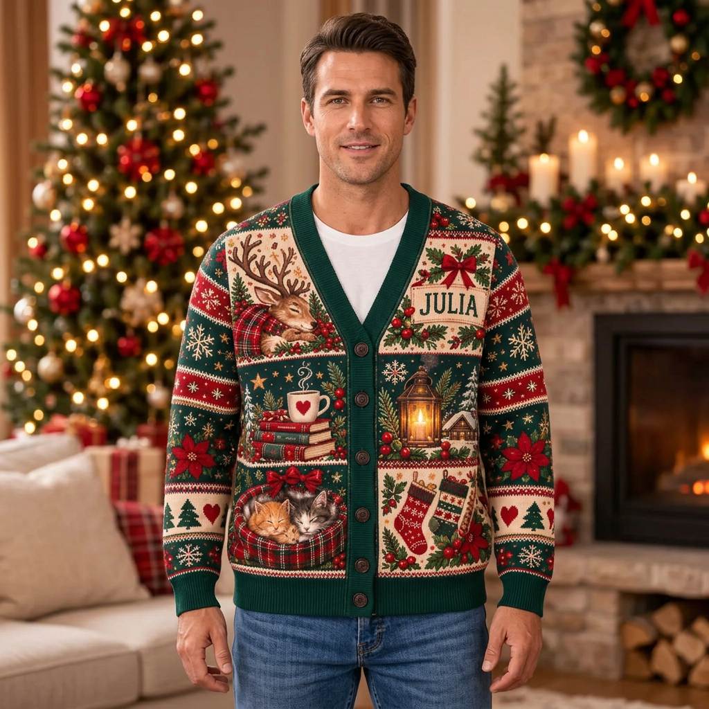 Male US model wearing the reindeer and kittens Christmas cardigan