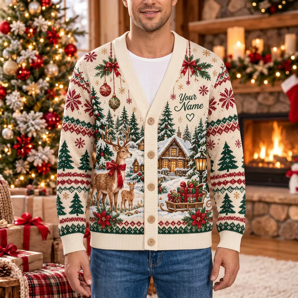 Male US model wearing the reindeer and snowy cabin cardigan