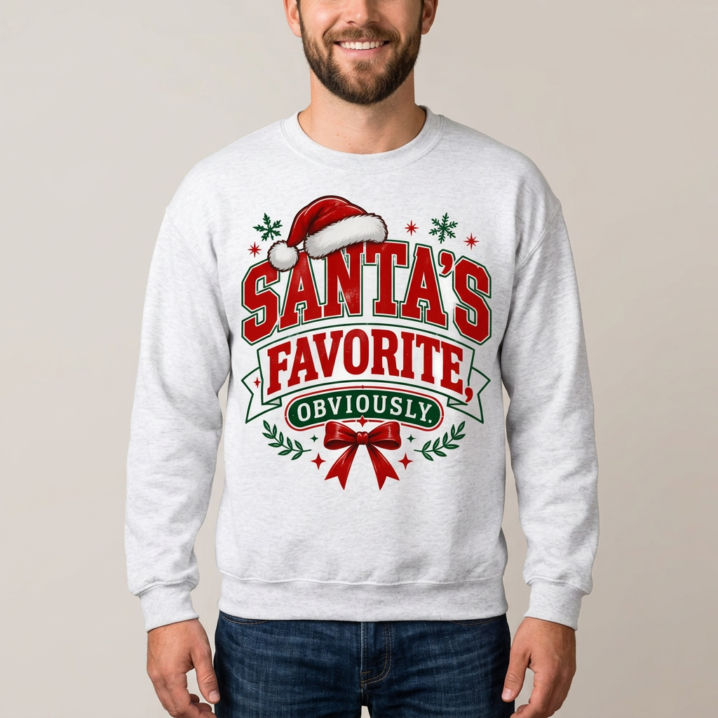 Male US model wearing the Santa’s Favorite sweatshirt