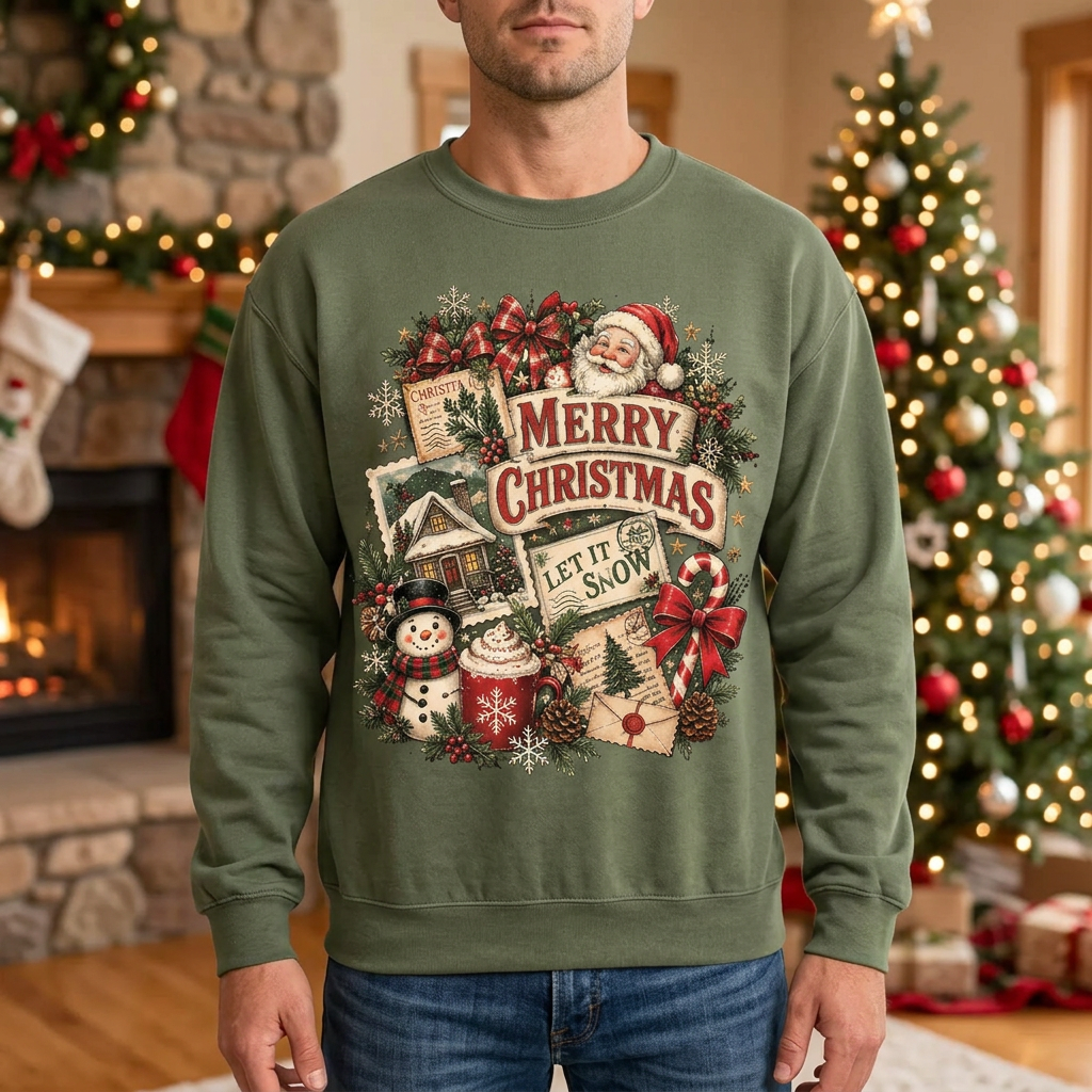 Male vintage Christmas postcard sweatshirt mockup