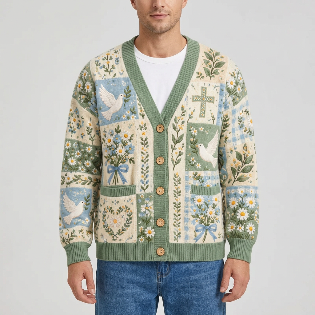 Man wearing the dove and floral patchwork cardigan